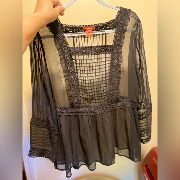 Sundance Very Black Sheer silk Blouse with lace detail. Beautiful Elegant - Picture 7 of 14